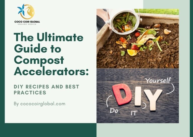 Compost accelerator bottle beside a backyard compost bin and garden trowel