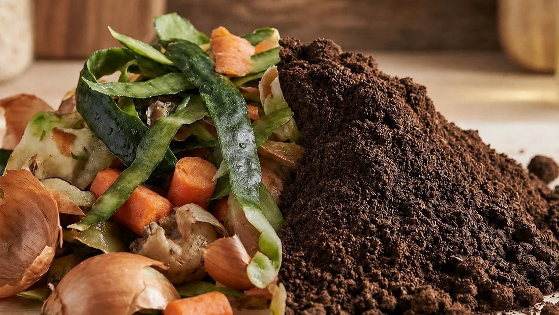 Electric composter and traditional compost tumbler side by side in a kitchen
