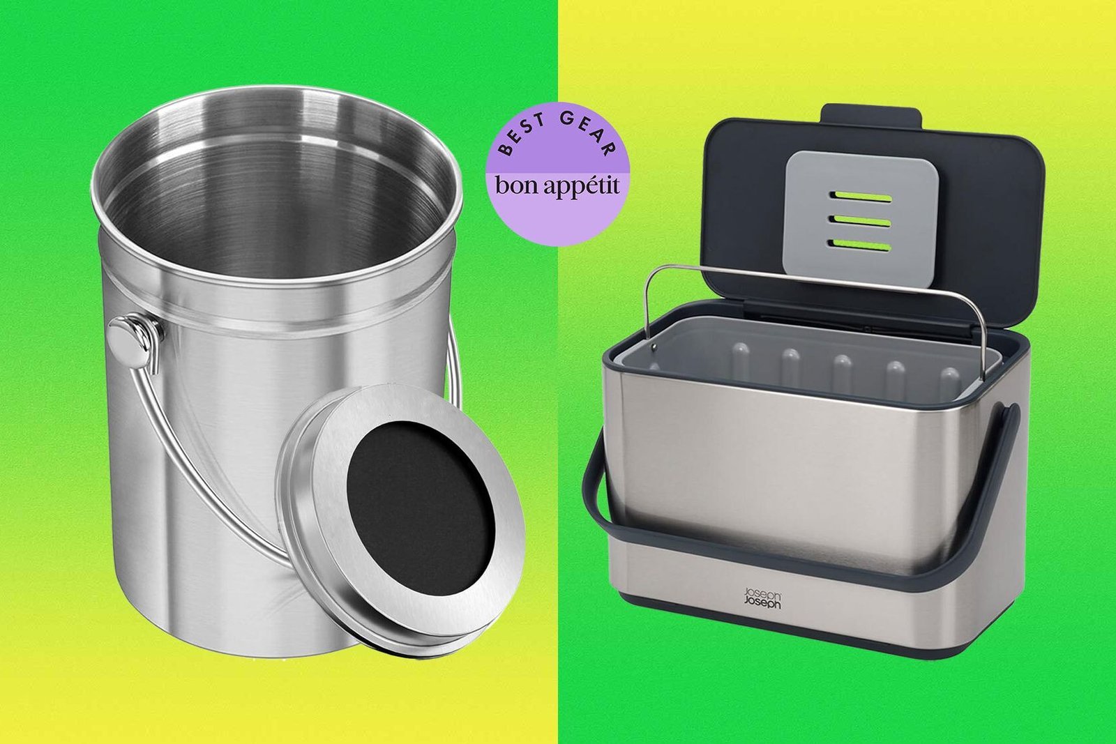 Stainless steel kitchen compost bucket on a wooden countertop beside vegetable scraps